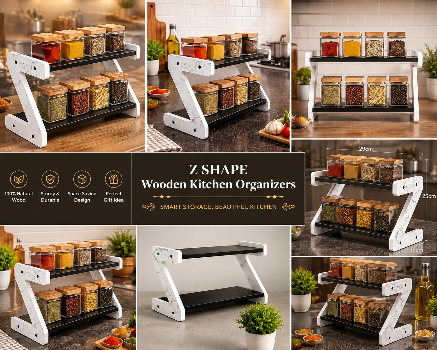 Z-Shape Wooden Kitchen Organizer – 2 Tier Spice & Storage Rack