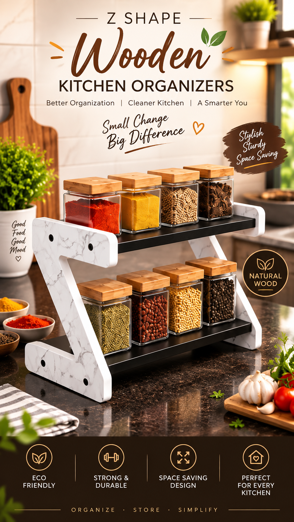 Z-Shape Wooden Kitchen Organizer – 2 Tier Spice & Storage Rack